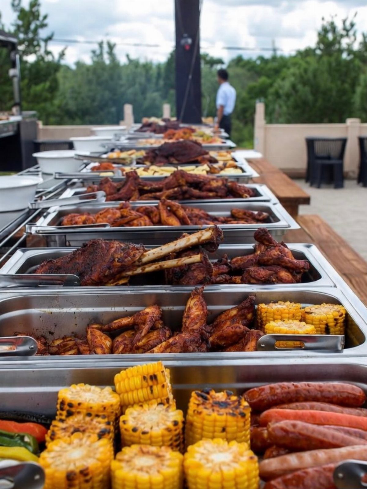 Grilled meats and corn on the cob arranged in a long outdoor wedding buffet.
