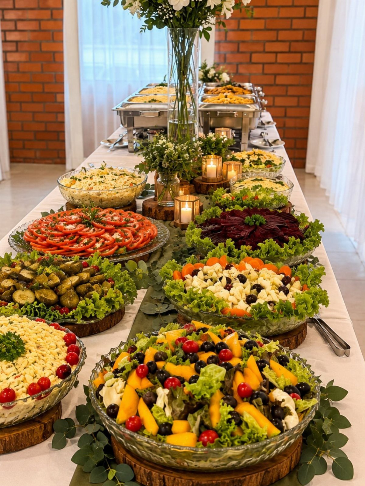 Buffet table with various colorful salads and hot chafing dishes for a wedding.