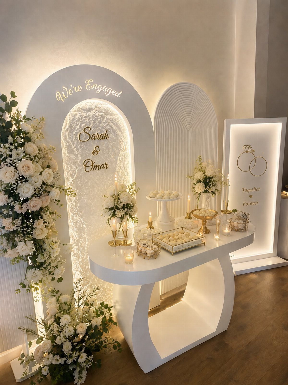 White dessert table with floral arrangements and arched backdrops for an engagement party.
