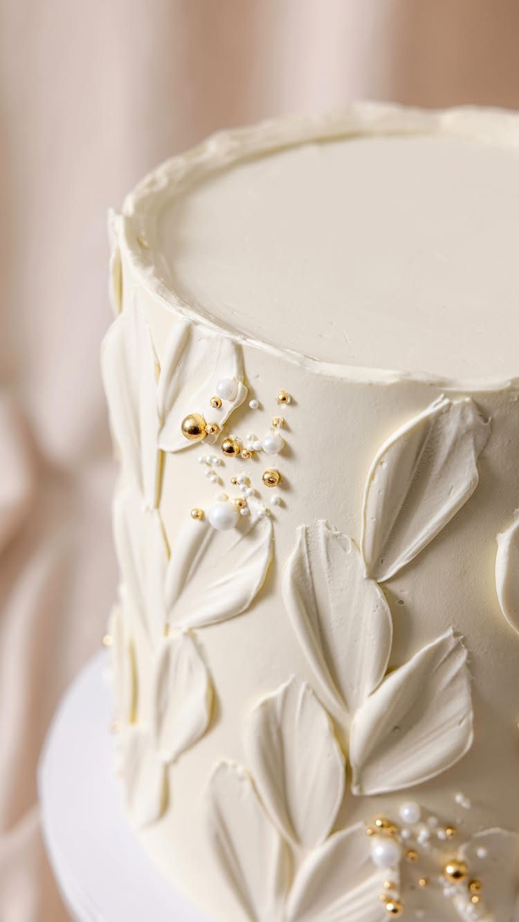White frosted cake with buttercream leaf textures and gold edible pearl accents