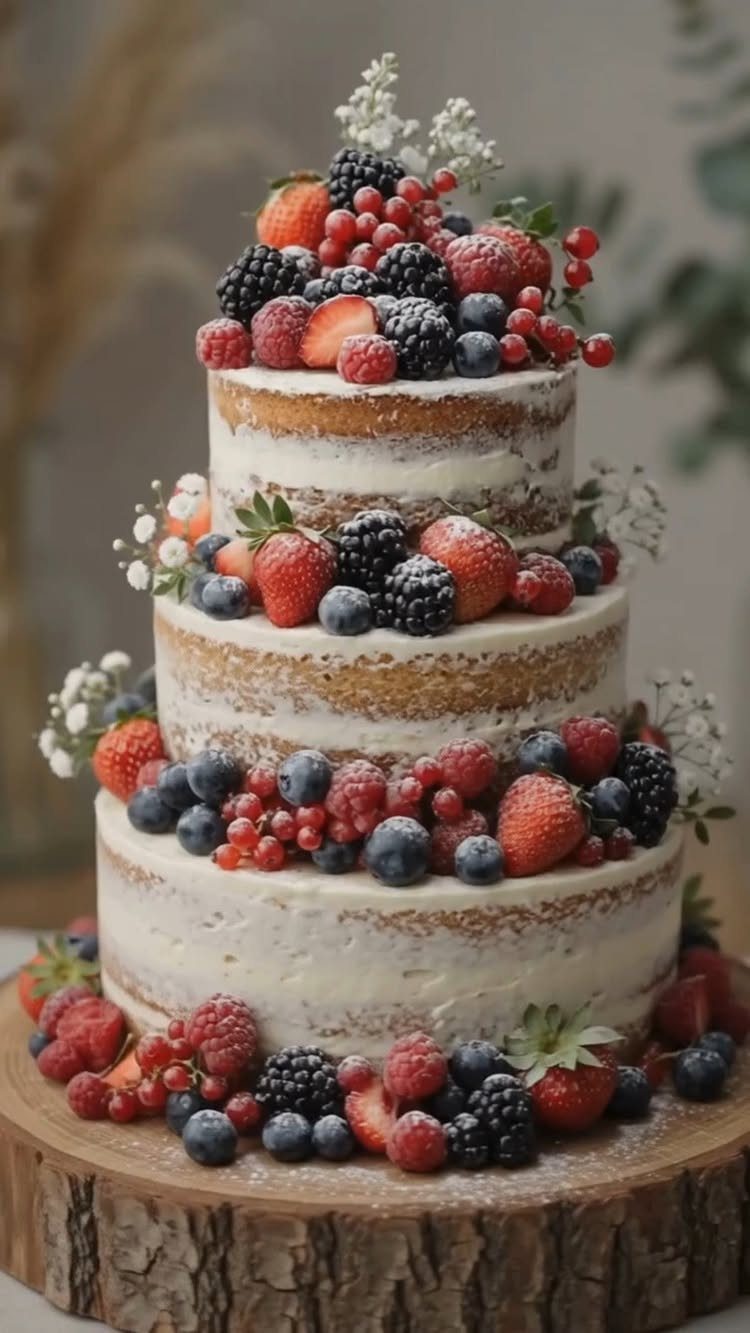 Three-tier semi-naked wedding cake topped with fresh berries and white flowers on wood.
