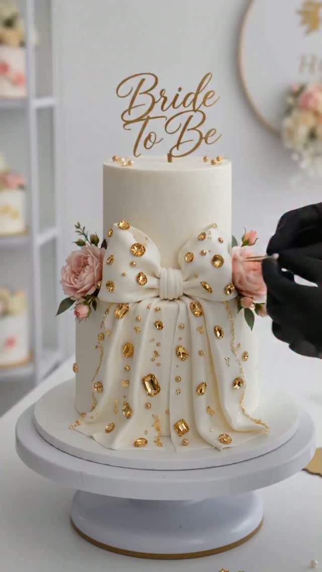 Two-tier white wedding cake with a gold foil bow and pink roses