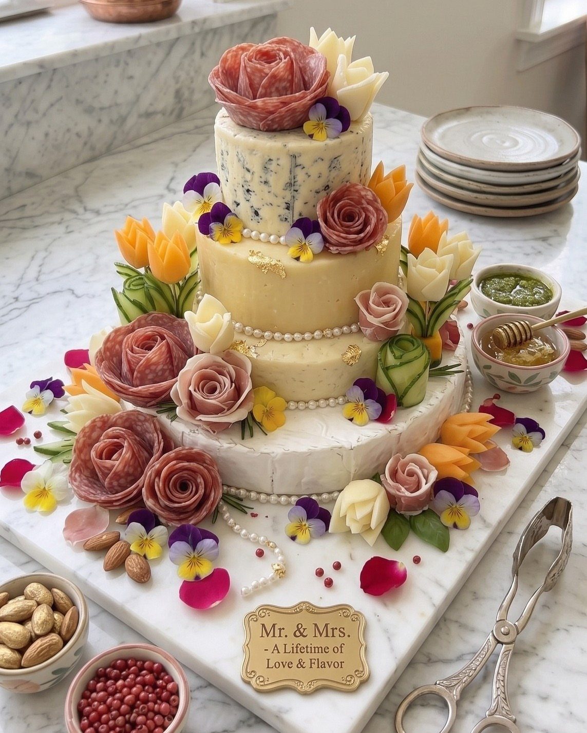 Three-tier cheese wedding cake decorated with salami roses and colorful fresh flowers.