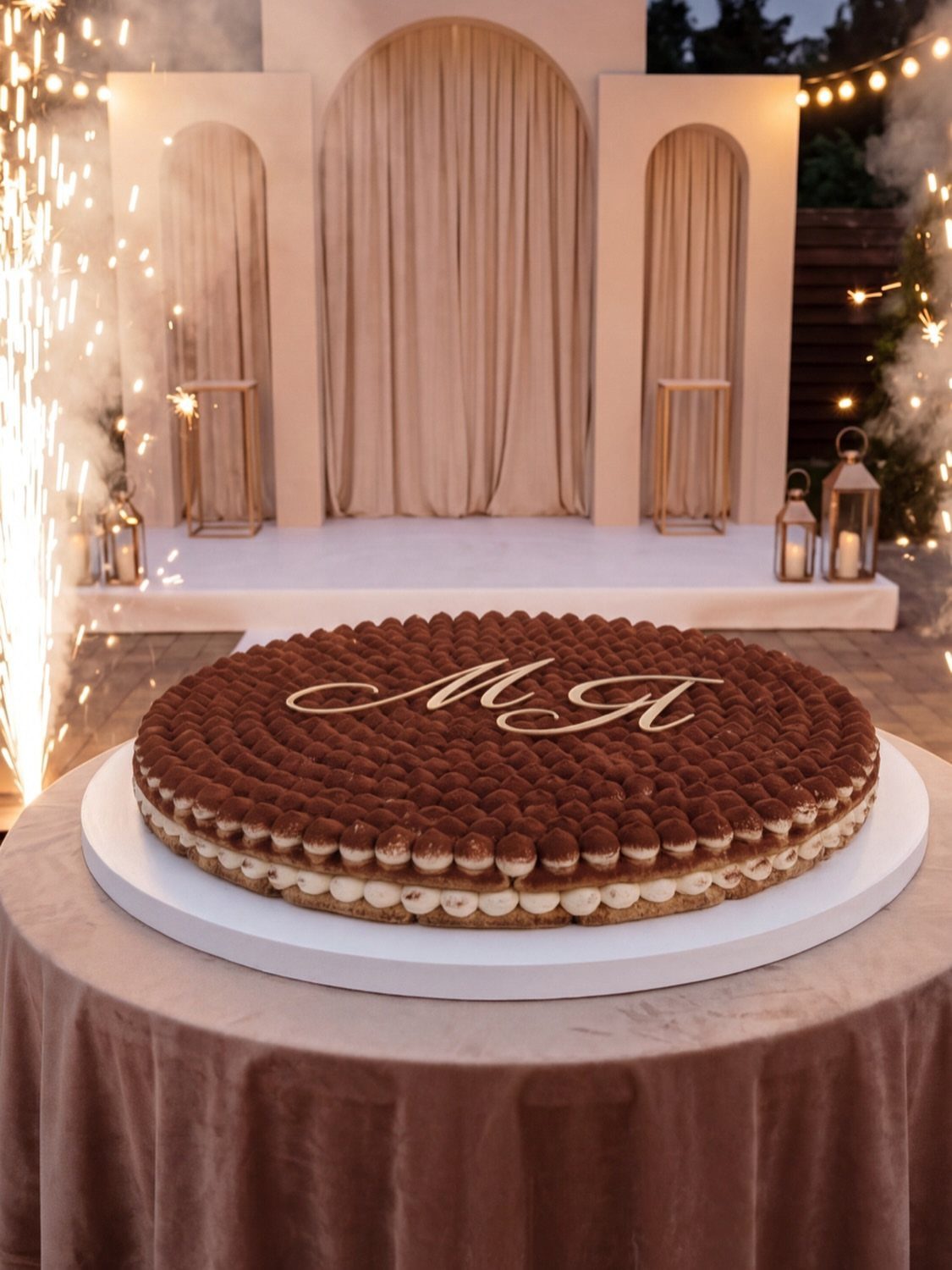 Tiramisu wedding cake with cocoa powder and cream dollops on a velvet table