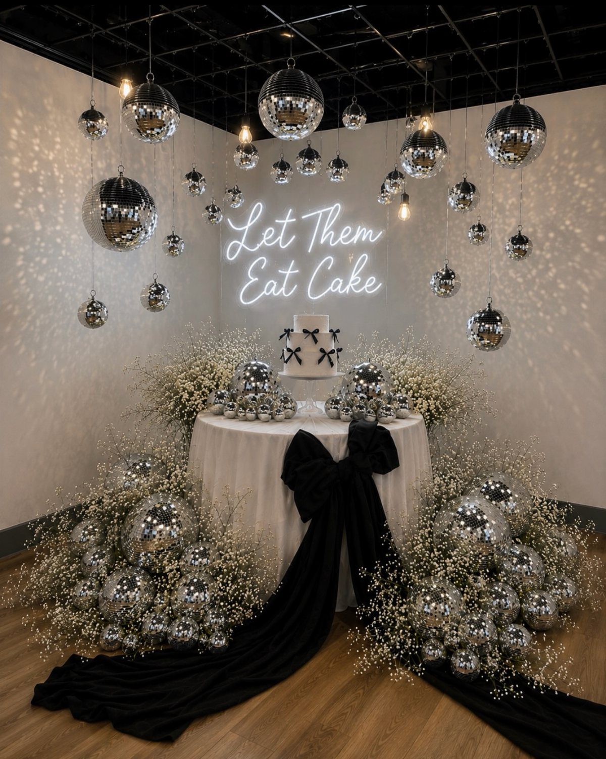 White cake on a table with a neon sign and hanging disco balls.