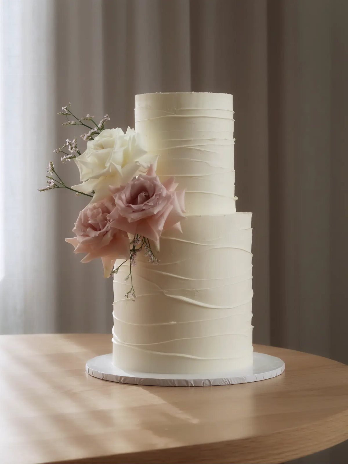 Two-tier white wedding cake with textured frosting and pink and white roses.