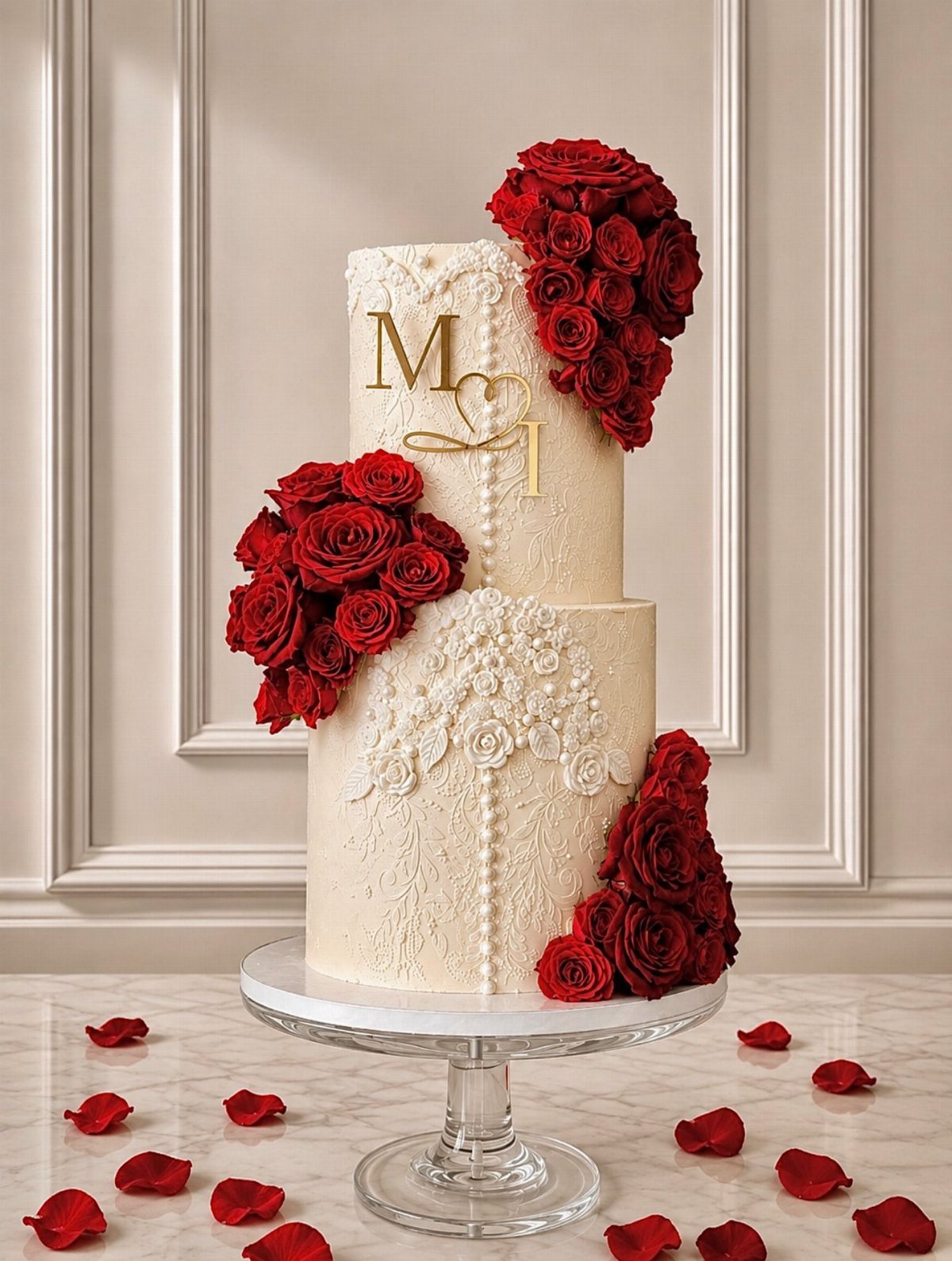 Three-tiered white wedding cake adorned with red roses and gold initials on glass stand.