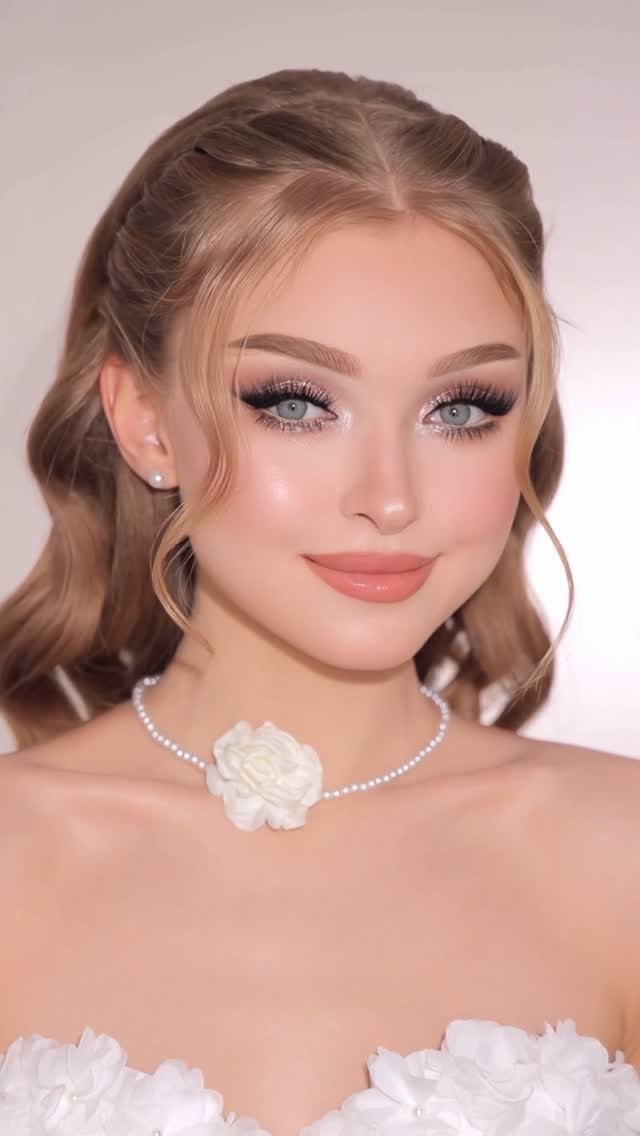 Woman with bridal makeup, blonde hair, and a pearl rose necklace.