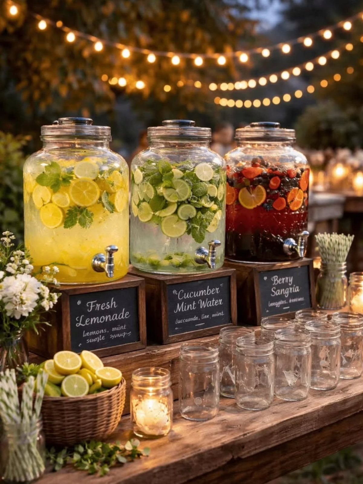 Three glass drink dispensers with lemonade, cucumber water, and sangria on a wooden table.