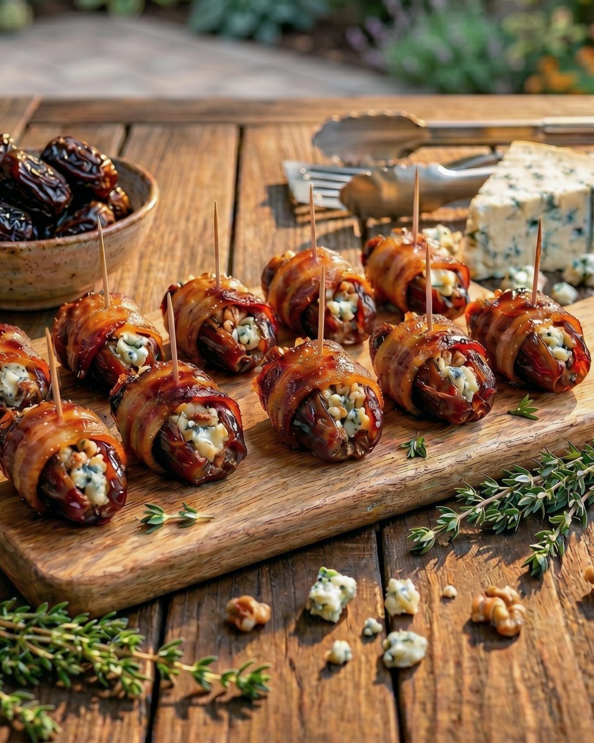 Bacon-wrapped dates stuffed with blue cheese served on a rustic wooden board.