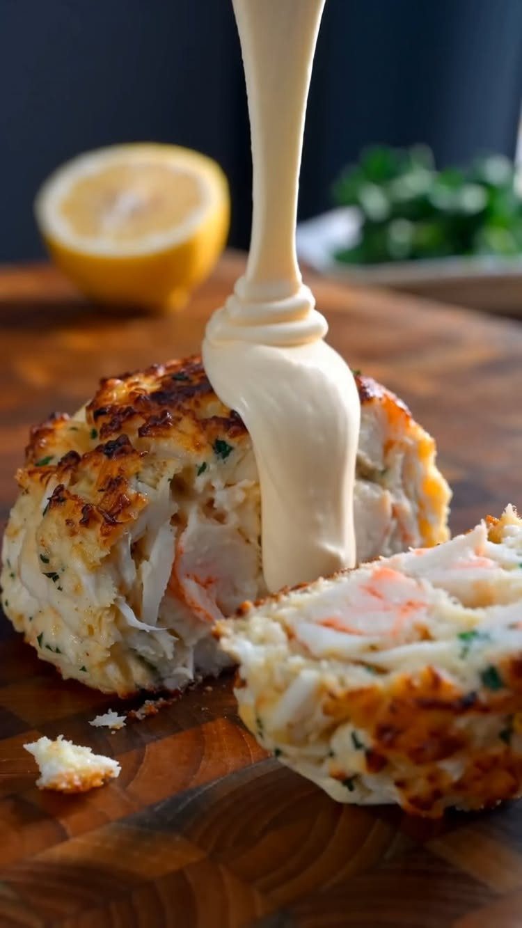 Seared crab cakes on a wooden board with creamy sauce being poured over them.