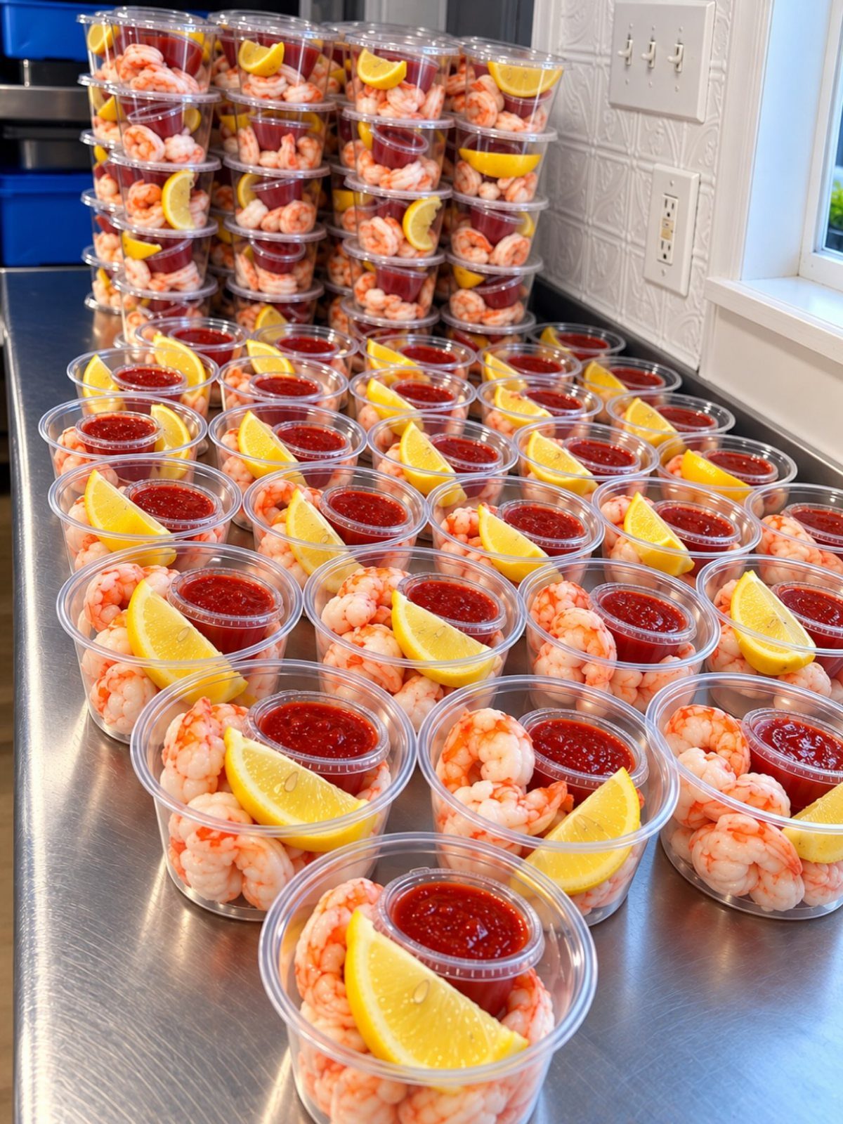 Shrimp cocktail cups with cocktail sauce and lemon wedges on a metal counter.