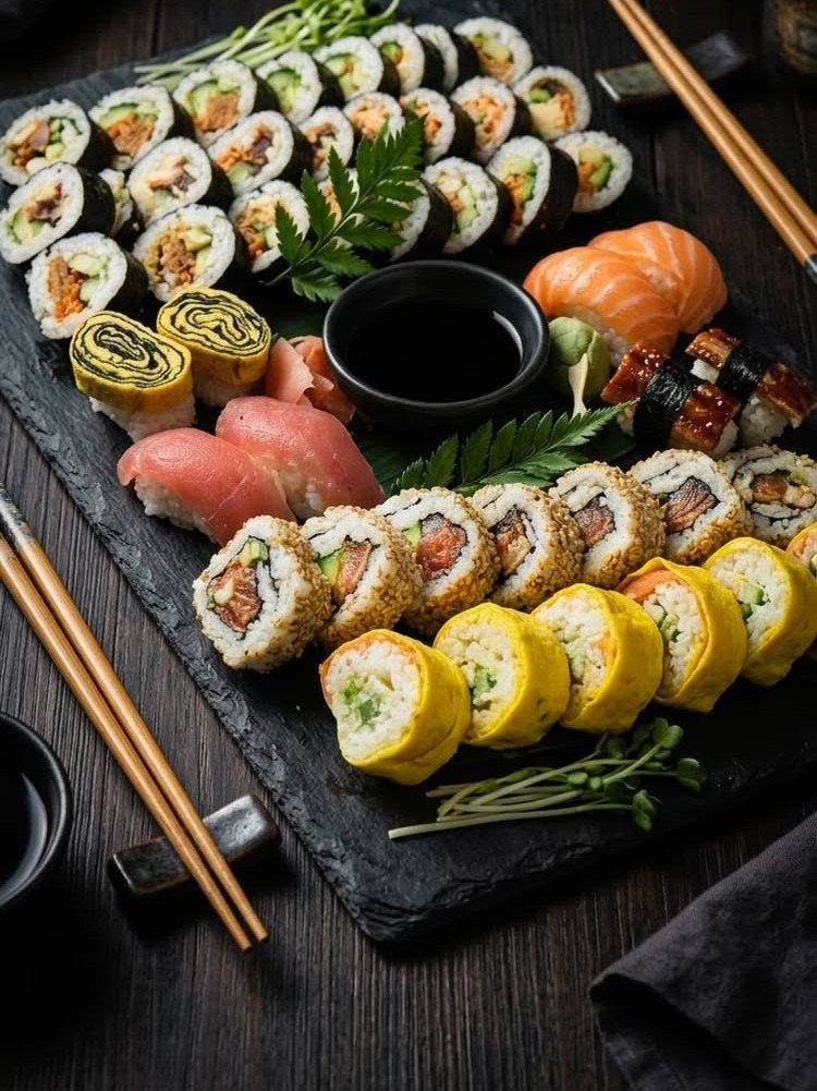 Assorted sushi rolls and nigiri arranged on a black slate platter with soy sauce.