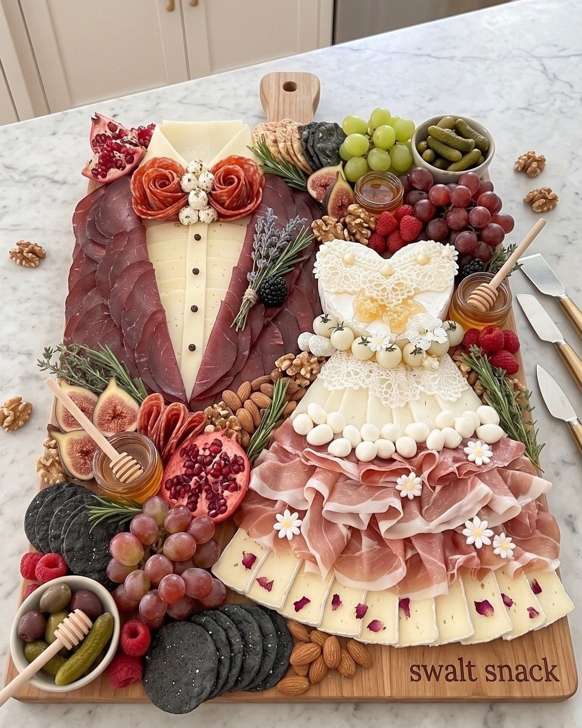 Charcuterie board arranged as a wedding couple using meats, cheeses, and fruits.