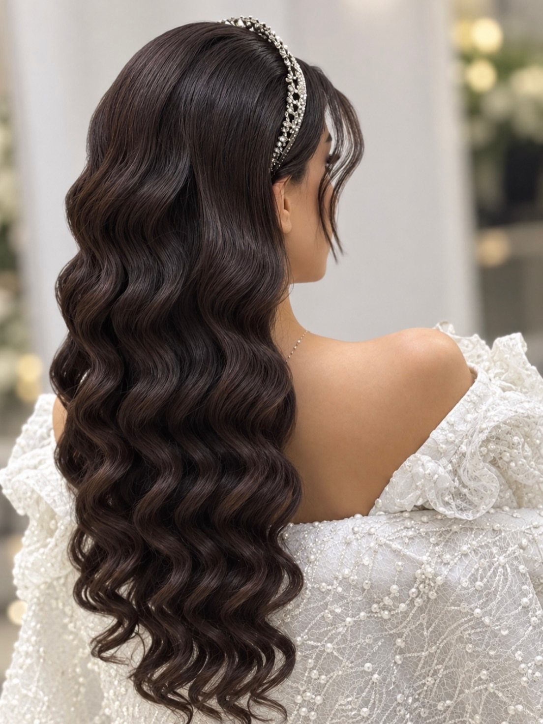 Long dark wavy hair with a sparkling crystal headband and white bridal gown
