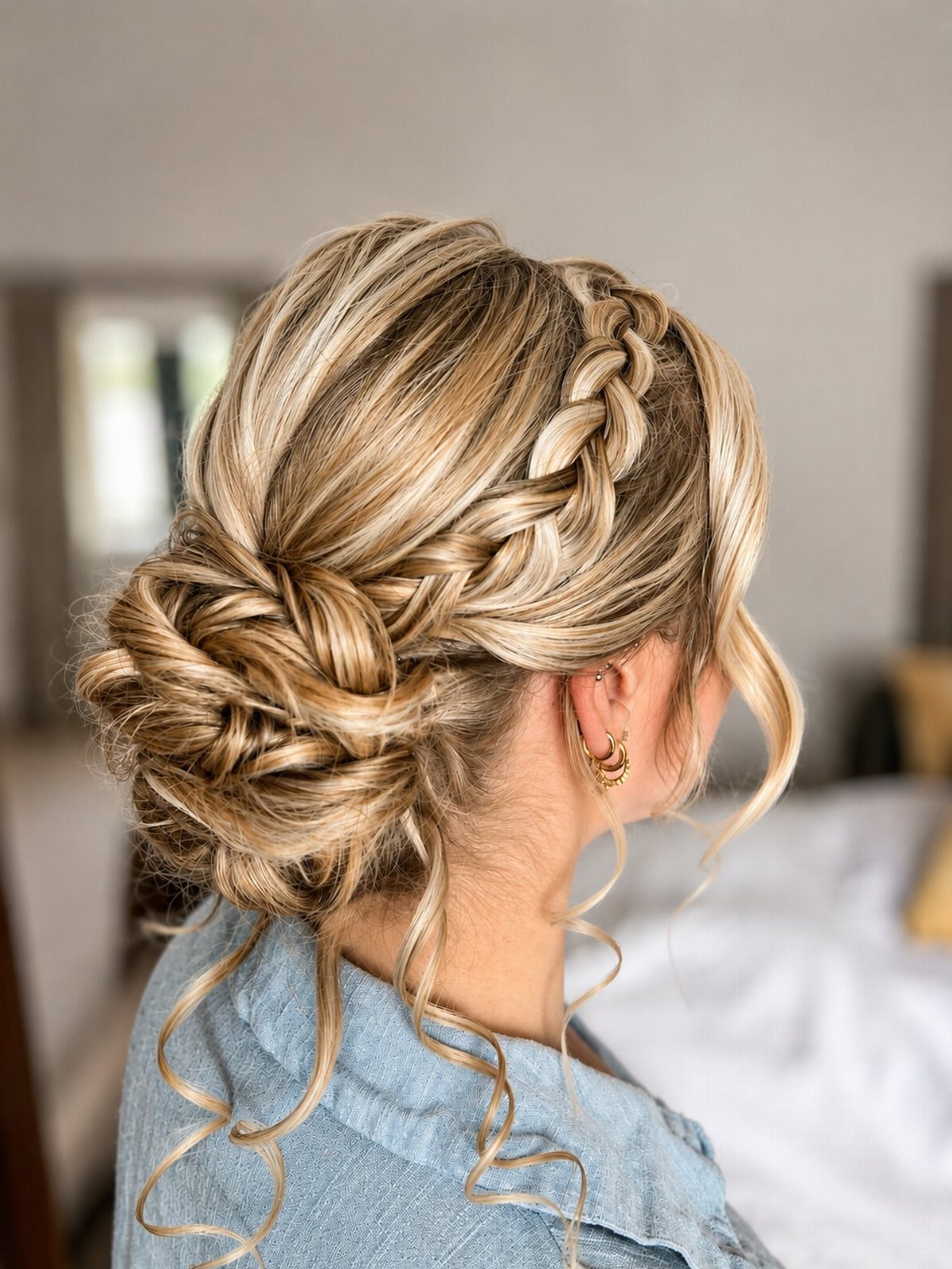 Blonde braided updo with a textured low bun and loose curly tendrils.