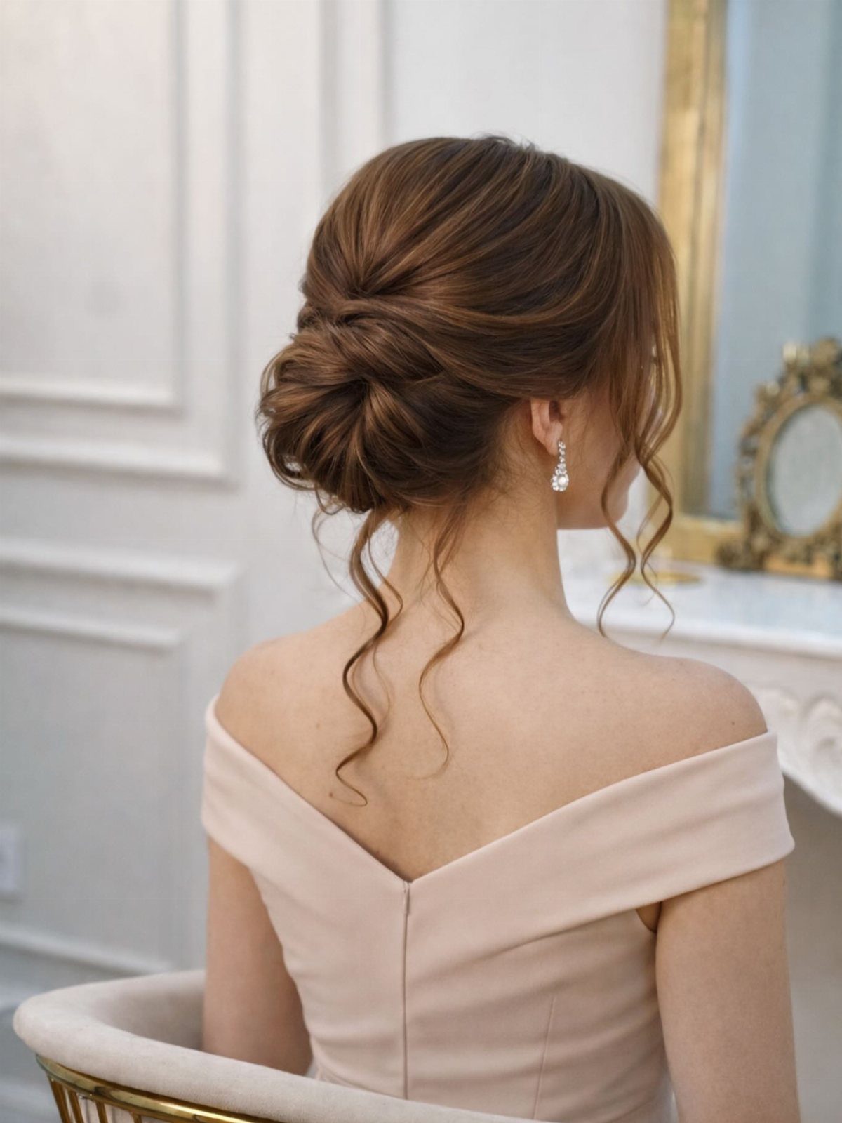 Woman with brown hair in a chic chignon updo and pale pink dress.