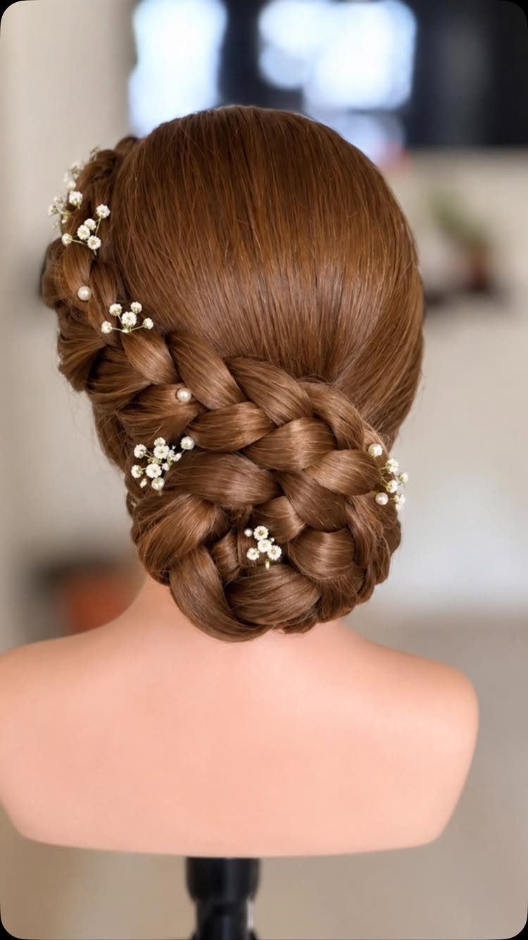 Braided brown hair updo adorned with small white floral hair accessories on mannequin