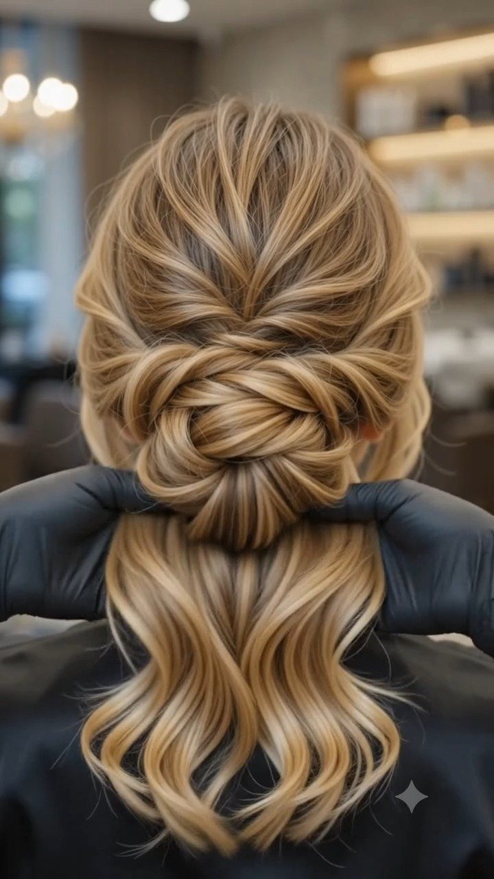 Blonde hair styled in a sculpted woven updo with loose trailing curls.