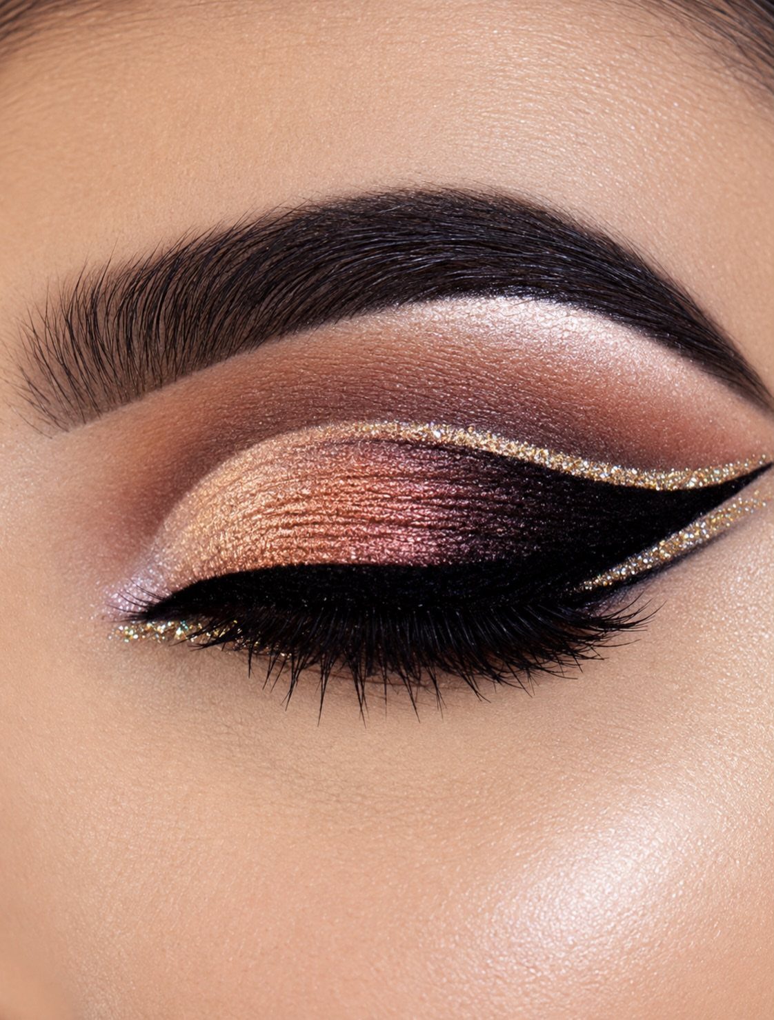 Closed eye with bronze eyeshadow and a bold gold glitter graphic liner.