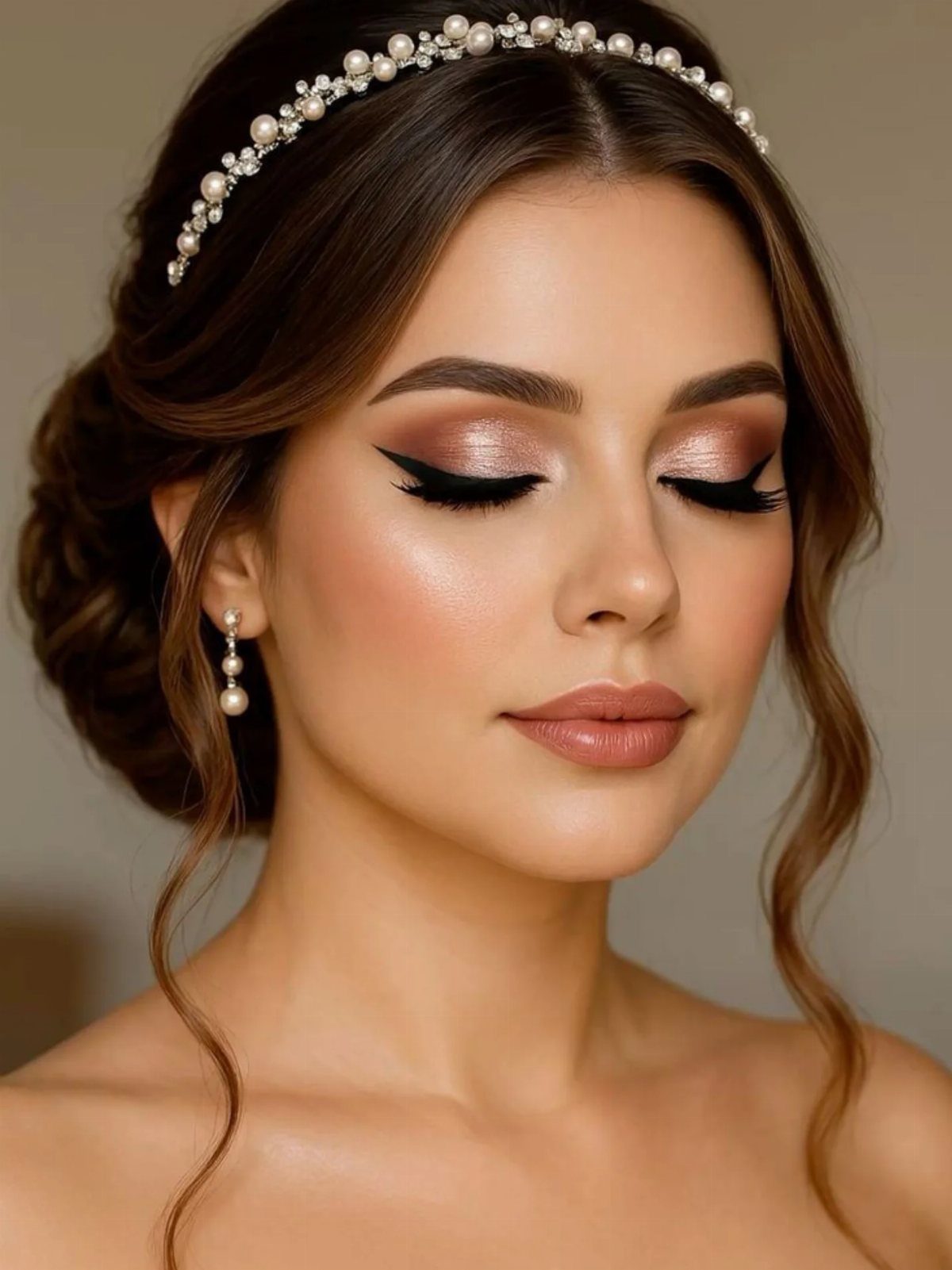 Woman with romantic soft glam makeup, rose-gold eyeshadow, and a pearl bridal headband.
