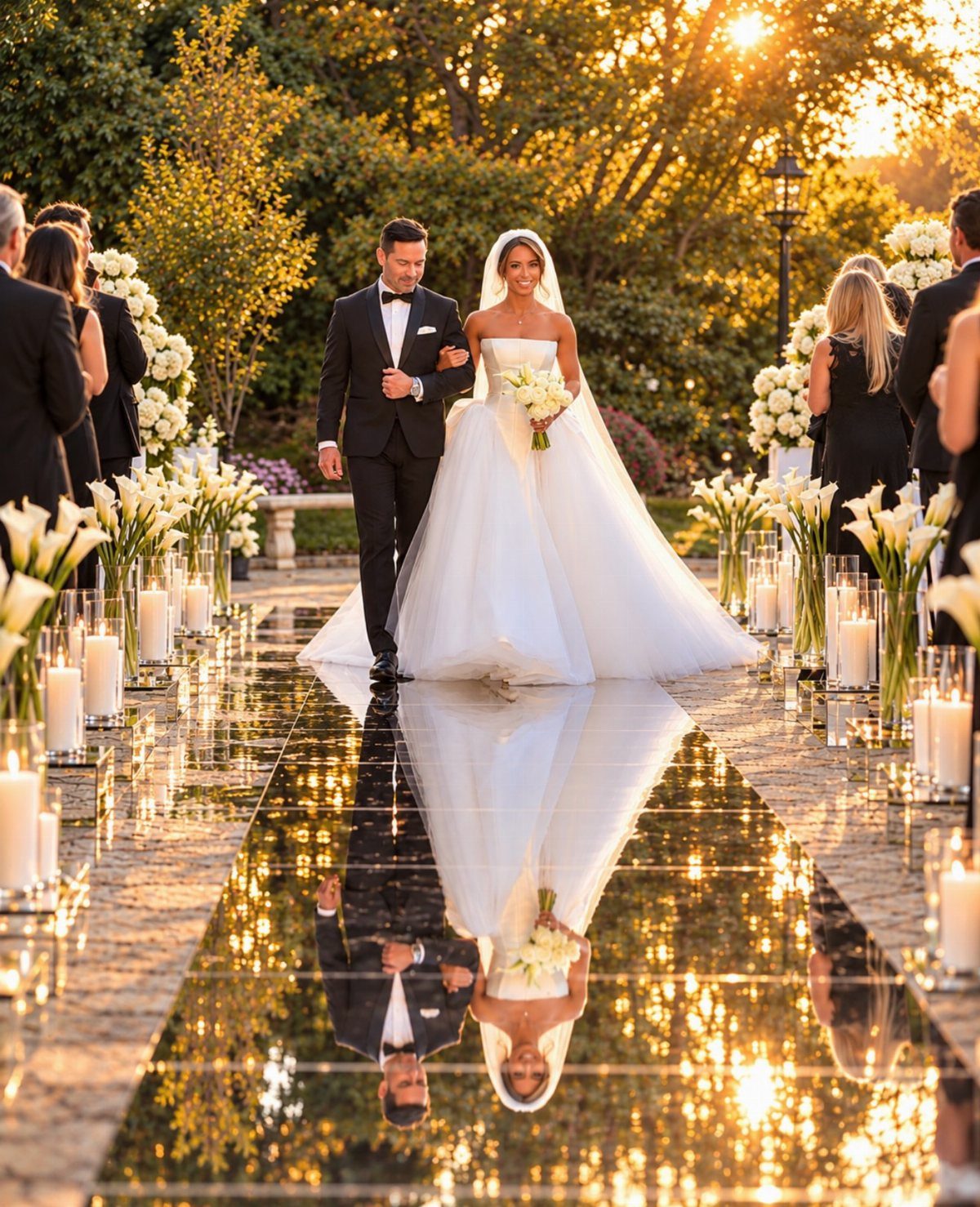 Bride and groom walking down a reflective aisle lined with white lilies and candles.
