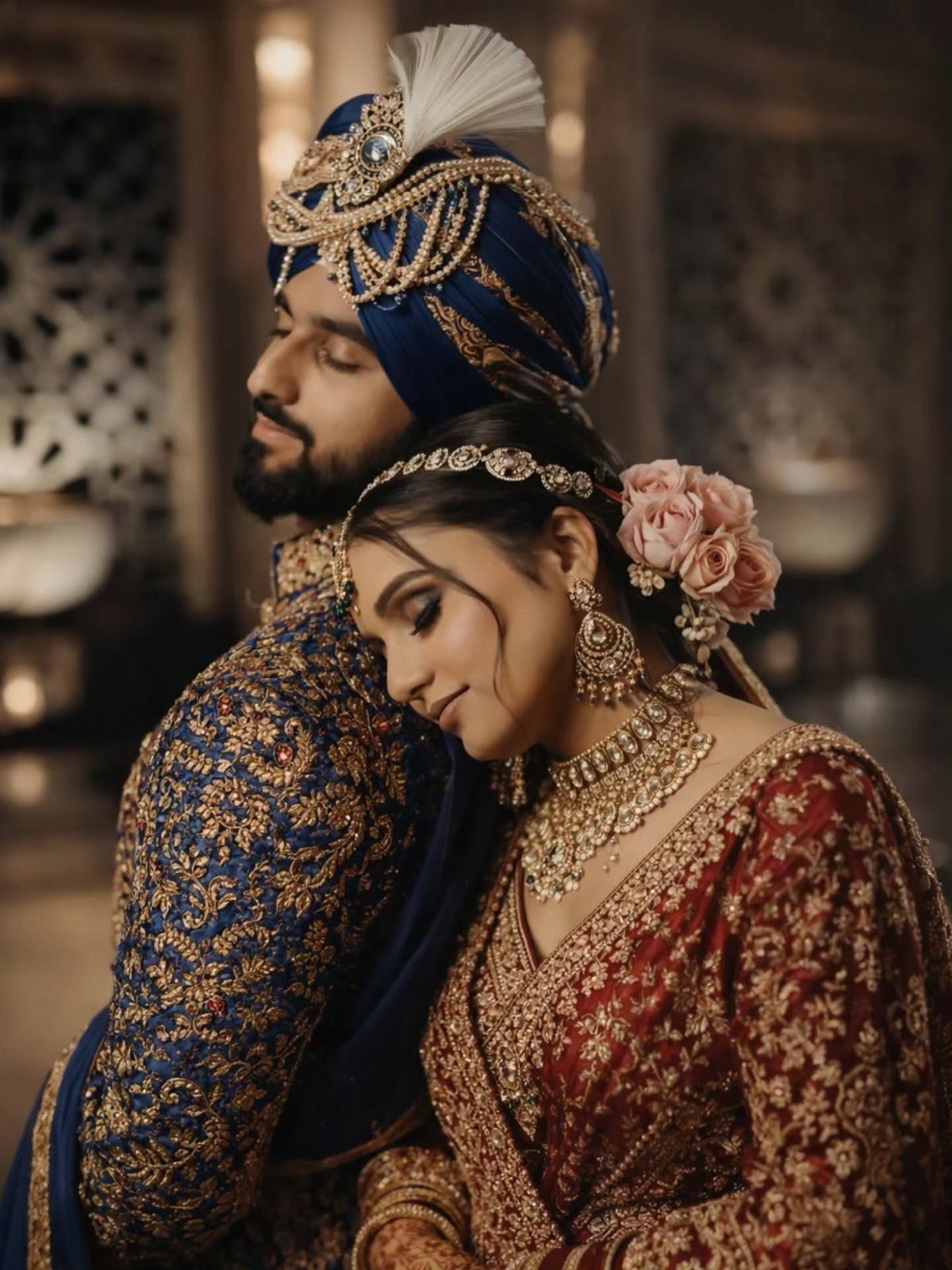 Indian wedding couple in regal blue and red attire posing intimately together.