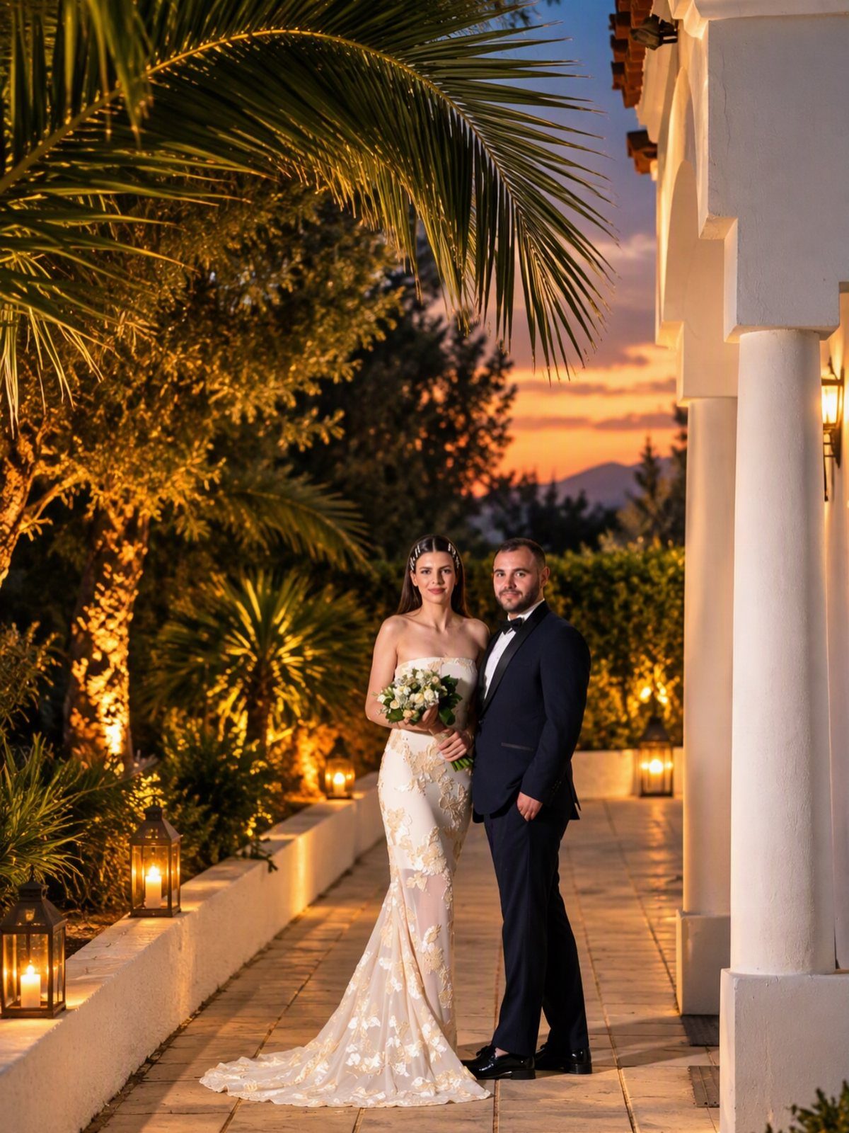Bride and groom posing on a lit walkway during a golden sunset.