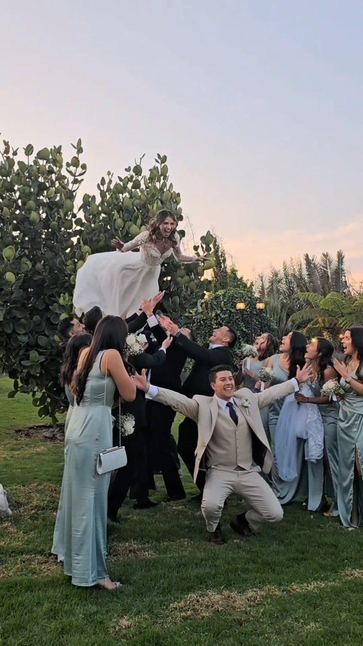 Groomsmen lifting a laughing bride in the air while the wedding party cheers.
