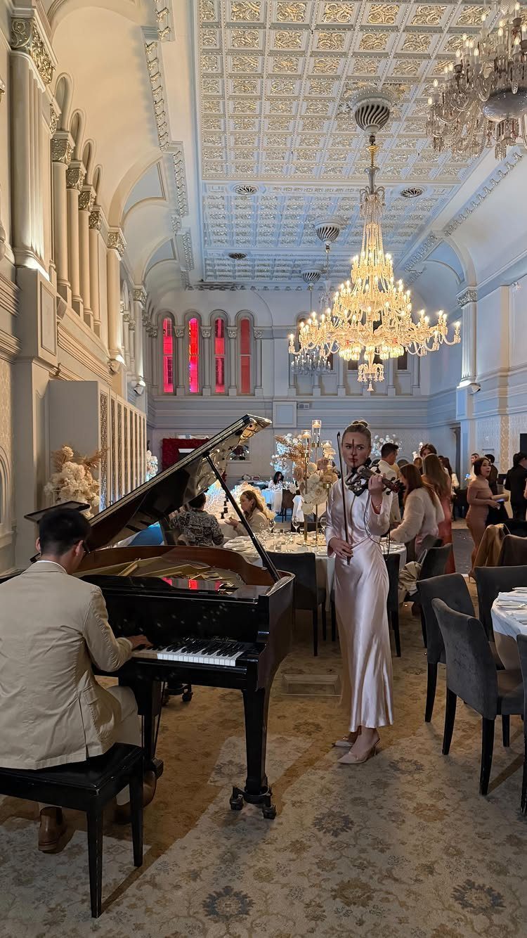 Pianist and violinist performing live music in an ornate ballroom with guests.